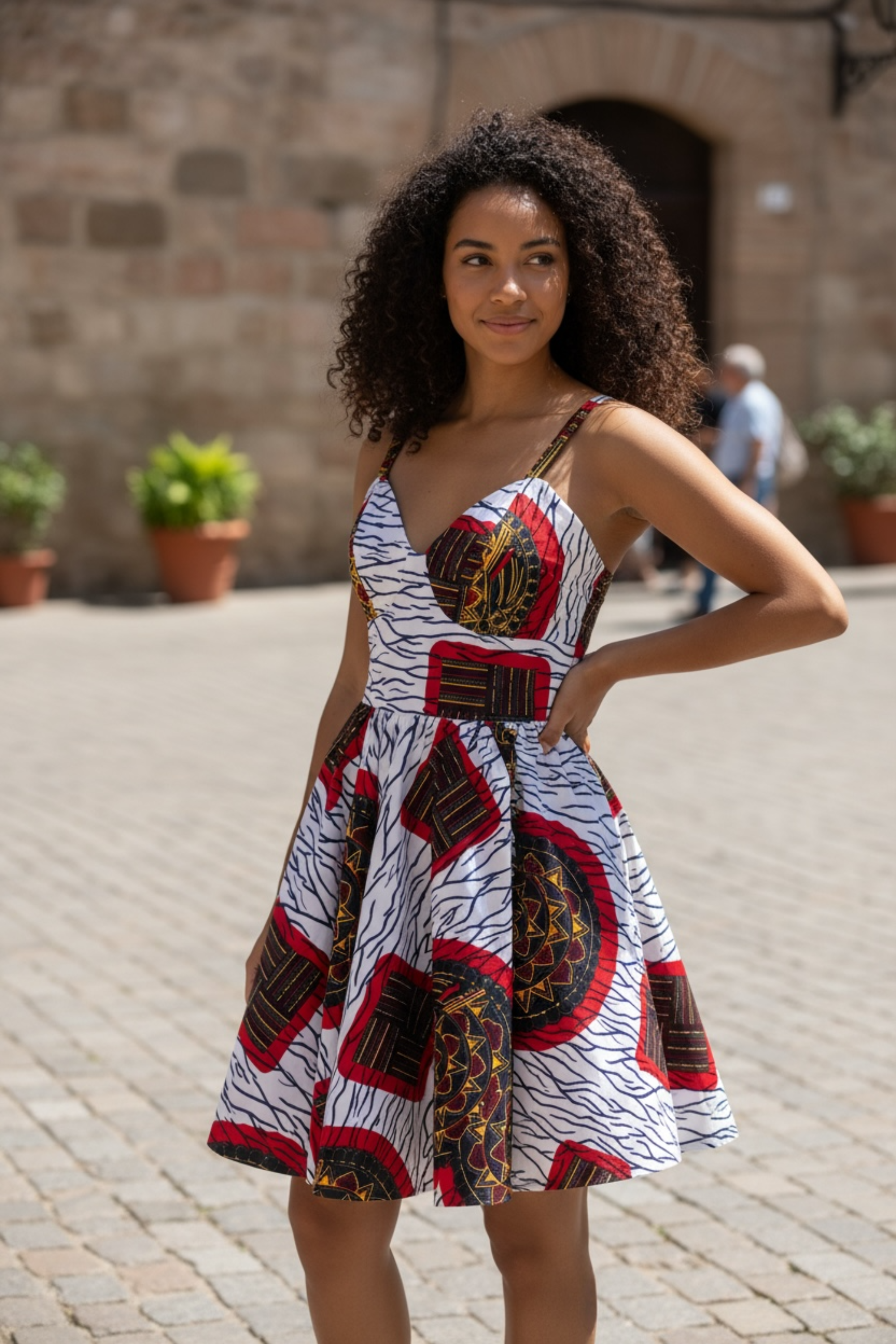 Robe LIVIA mi-longue imprimé géométrique en wax 100% coton