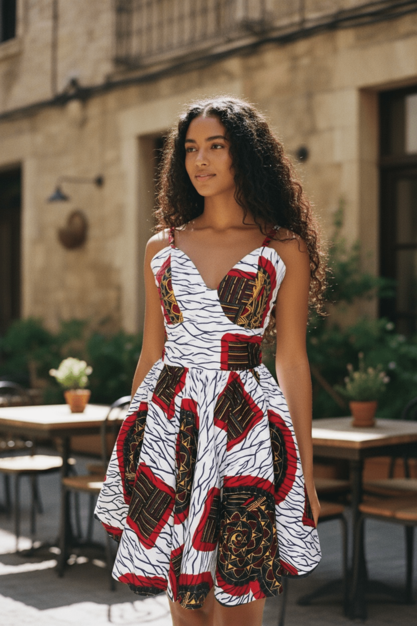 Robe LIVIA mi - longue imprimé géométrique en wax 100% coton - makomie