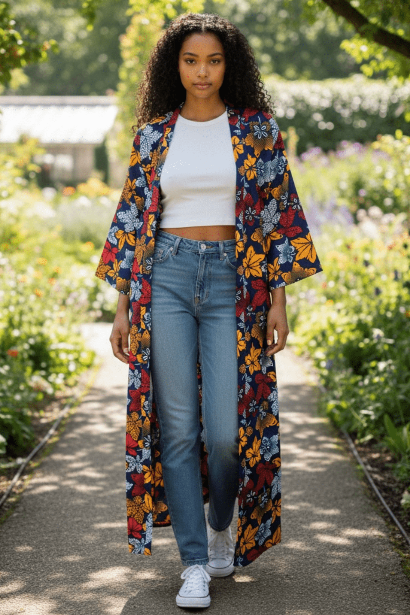Kimono JADE à fleurs – Veste longue femme en wax fait main - makomie