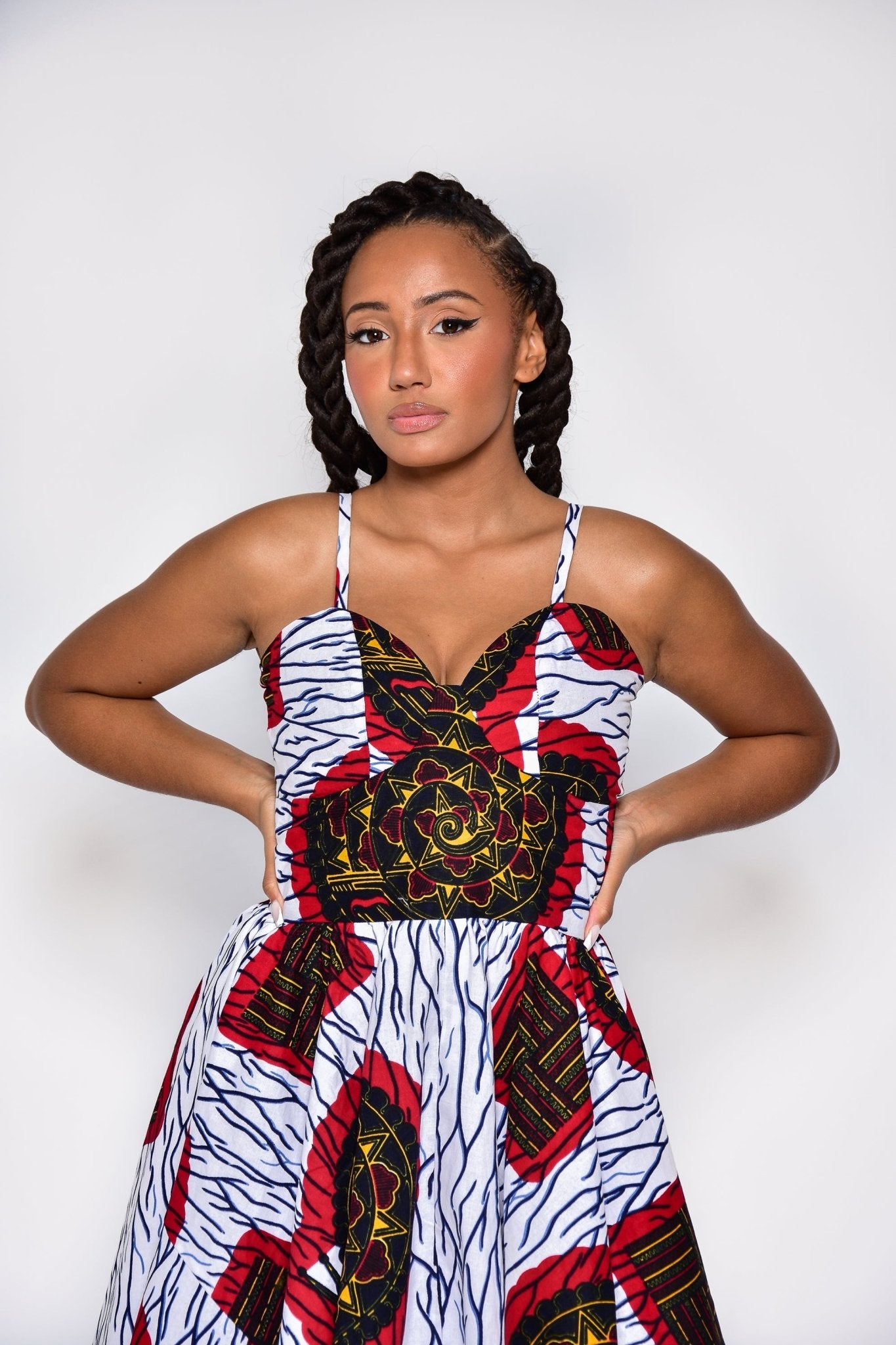 Robe LIVIA mi - longue imprimé géométrique en wax 100% coton - makomie