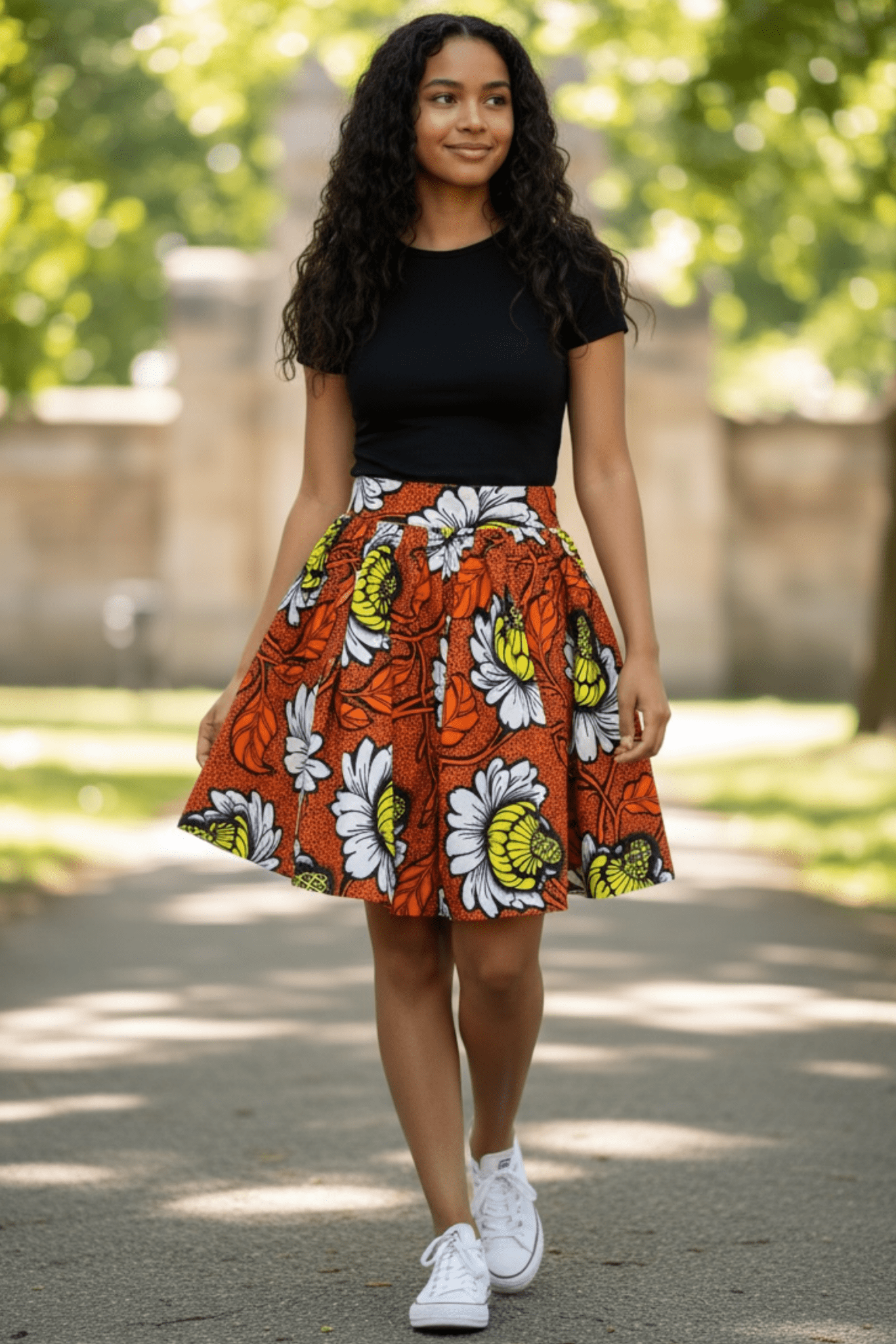 Jupe ZOE - jupe mi - longue à motif fleurs en wax, fait main - makomie