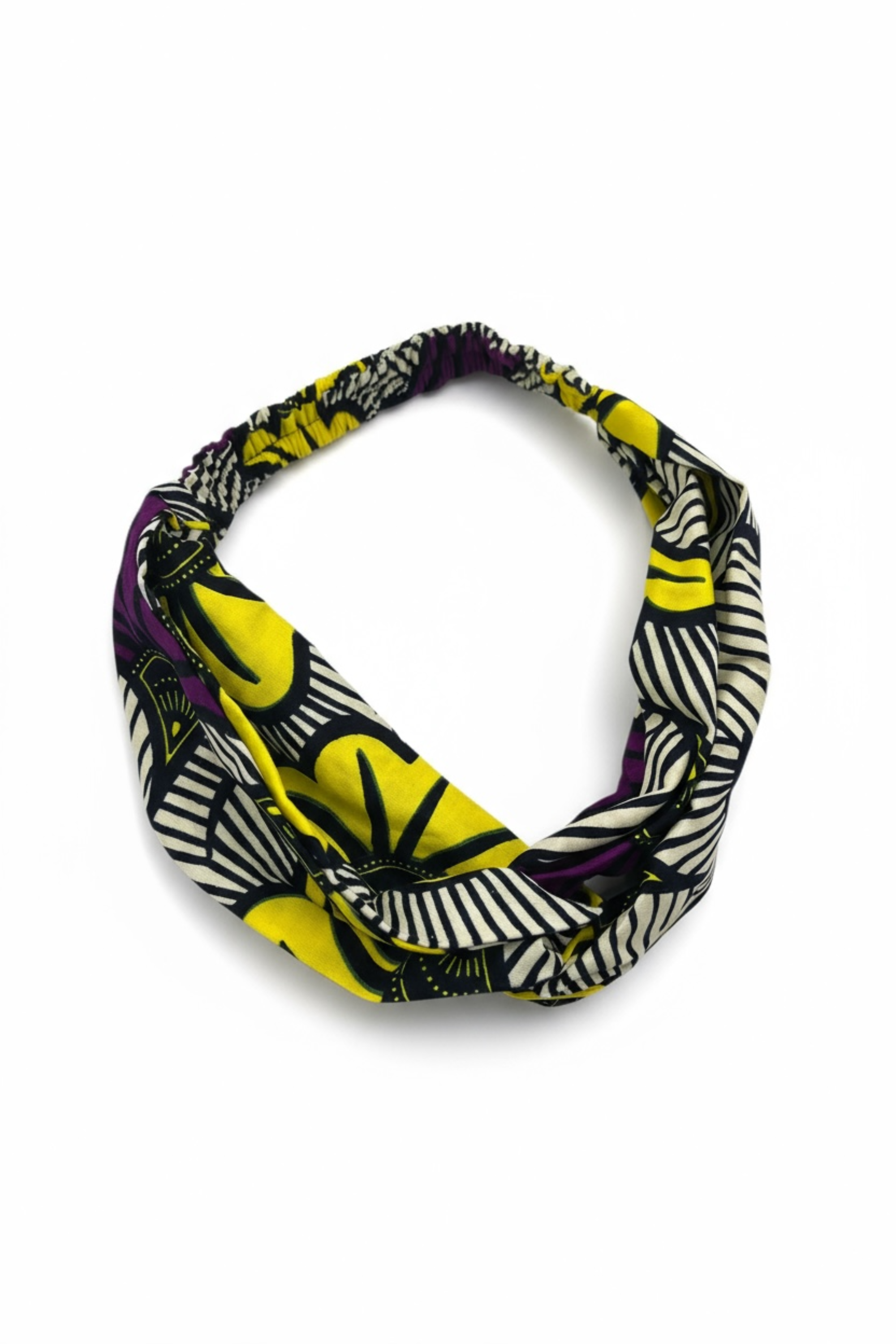 Bandeau INA en wax africain jaune, violet et noir, accessoire cheveux fait main Makomie