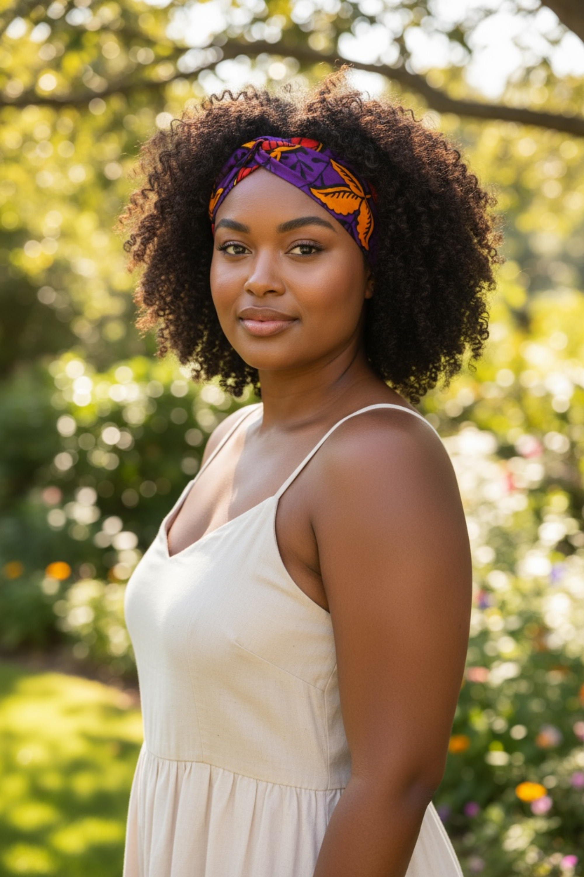 Détail des motifs floraux violet, orange et rouge du bandeau en wax africain Makomie
