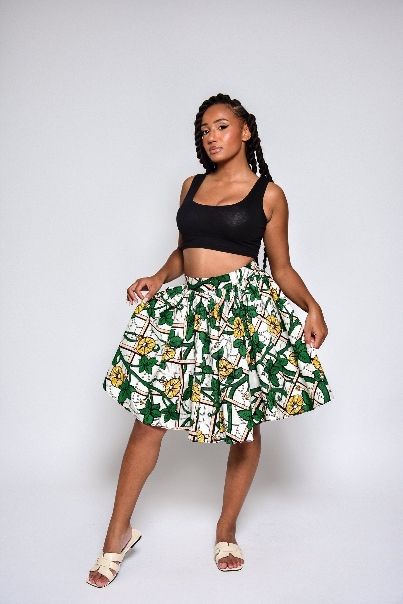 Jupe LINA taille haute motif fleurs en wax - coton 100% fait main - makomie