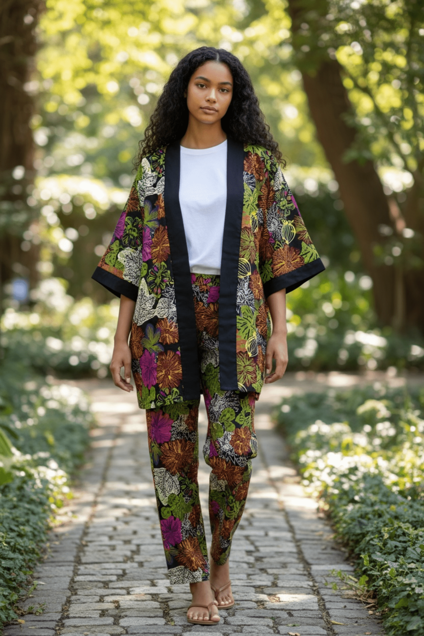 Kimono Nala – Kimono mixte mi - long fleuri en wax 100% coton - makomie