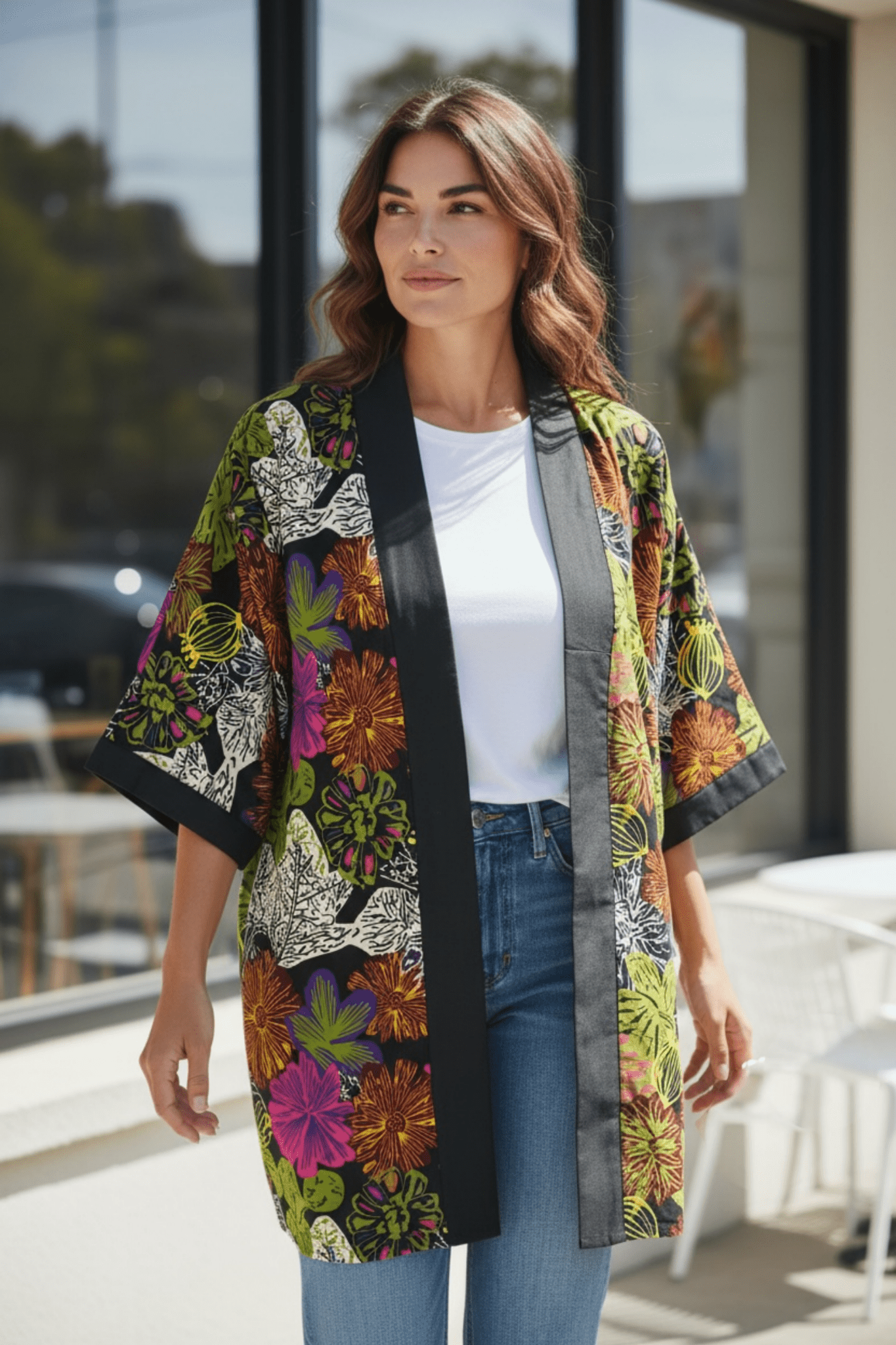 Kimono Nala – Kimono mixte mi - long fleuri en wax 100% coton - makomie