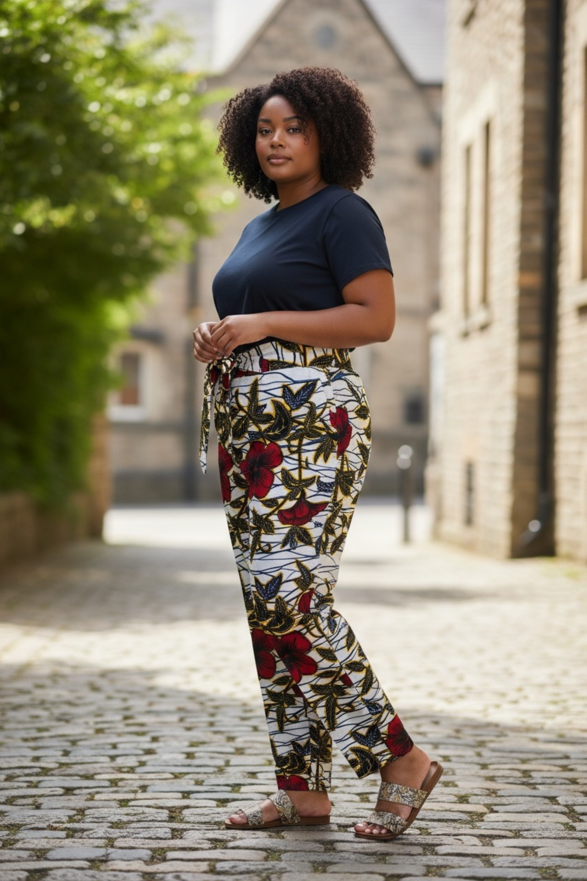 Pantalon Binta en wax africain porté, taille haute avec ceinture, style moderne et coloré
