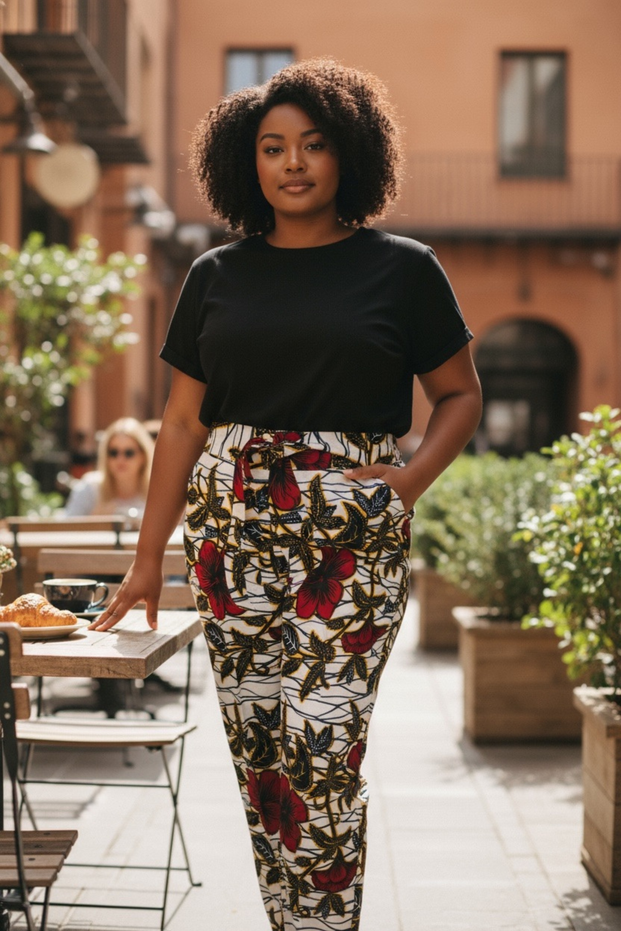 Pantalon Binta en wax africain porté, taille haute avec ceinture, style moderne et coloré
