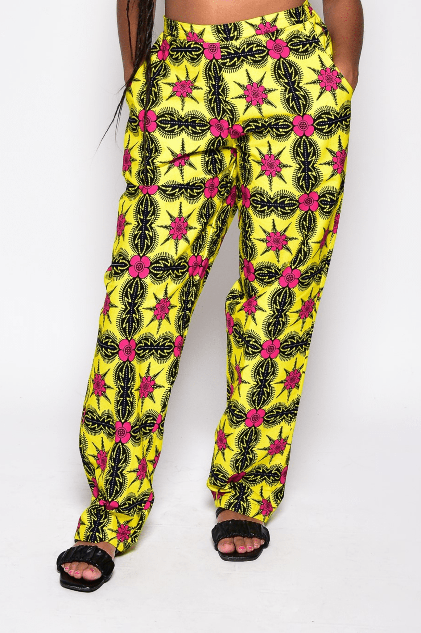 Pantalon TIYA taille haute en wax – imprimé africain 100 % coton fait main - makomie