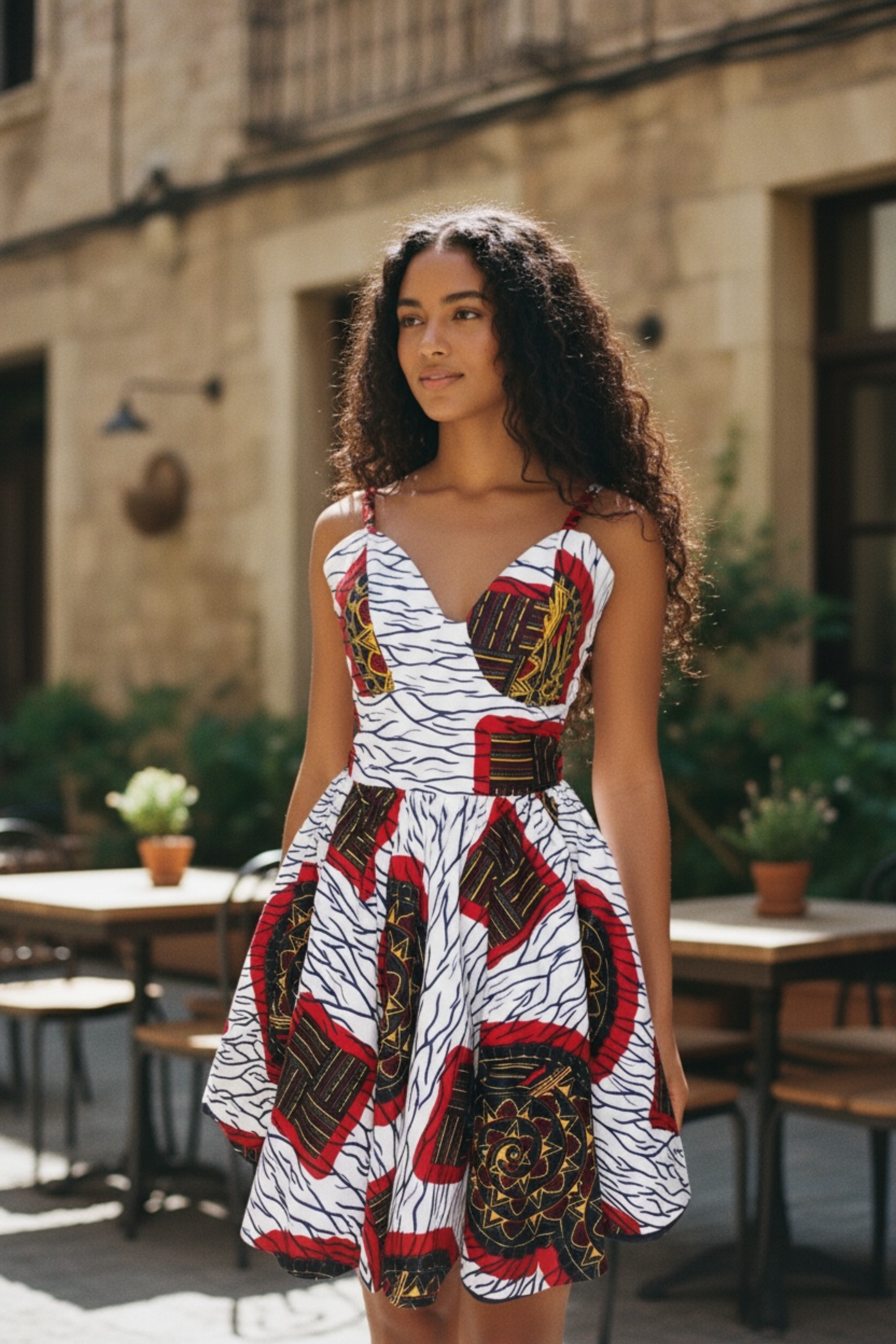 Robe LIVIA mi-longue imprimé géométrique en wax 100% coton