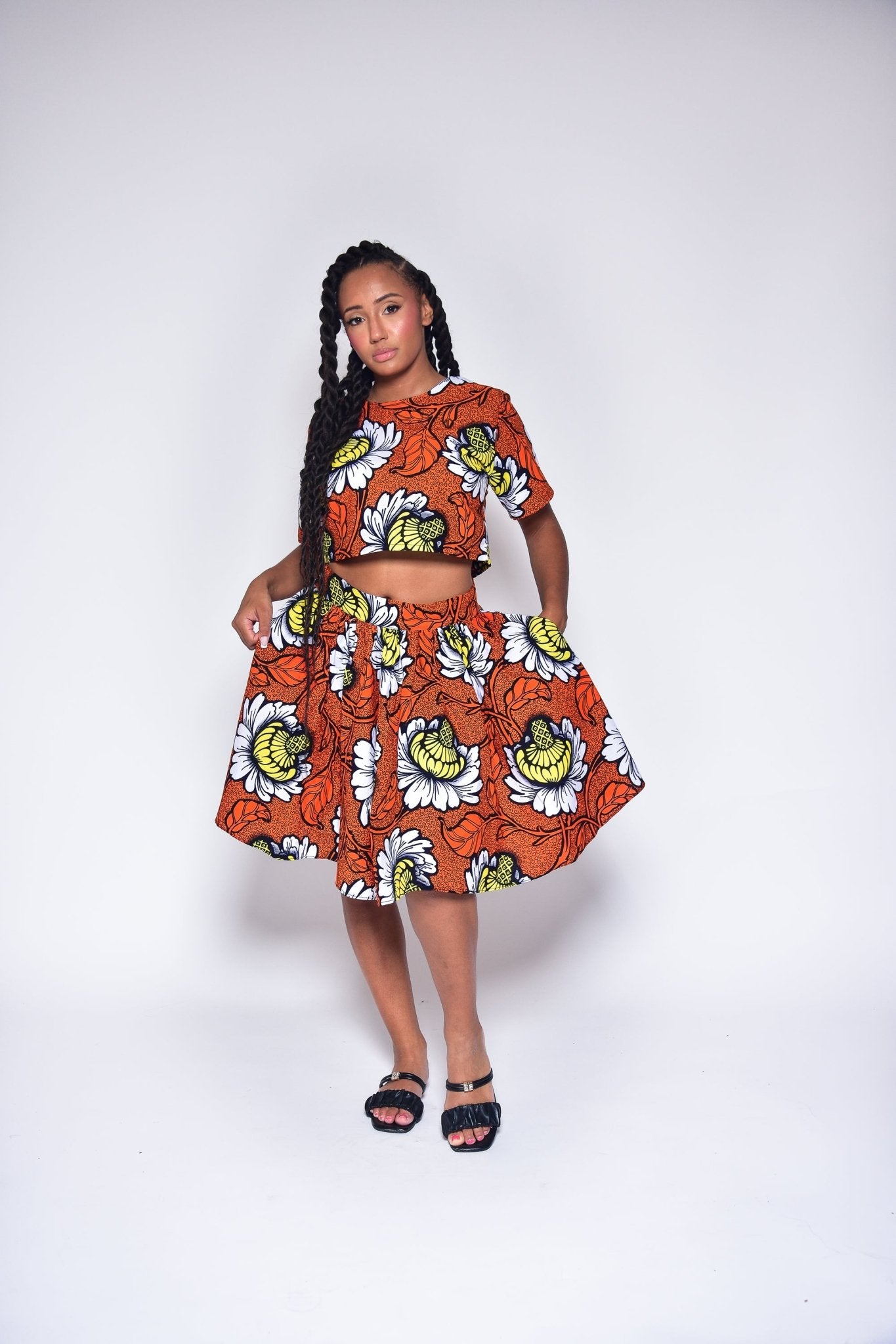 Jupe ZOE - jupe mi - longue à motif fleurs en wax, fait main - makomie