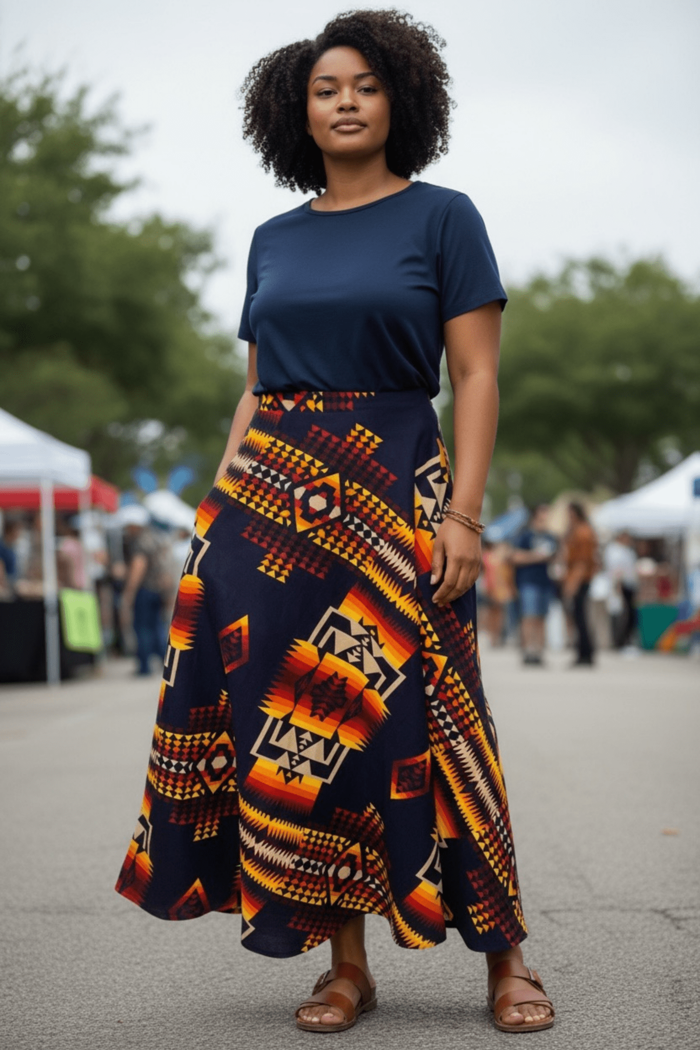 Jupe longue SONA en wax imprimé ethnique - taille haute évasée - makomie