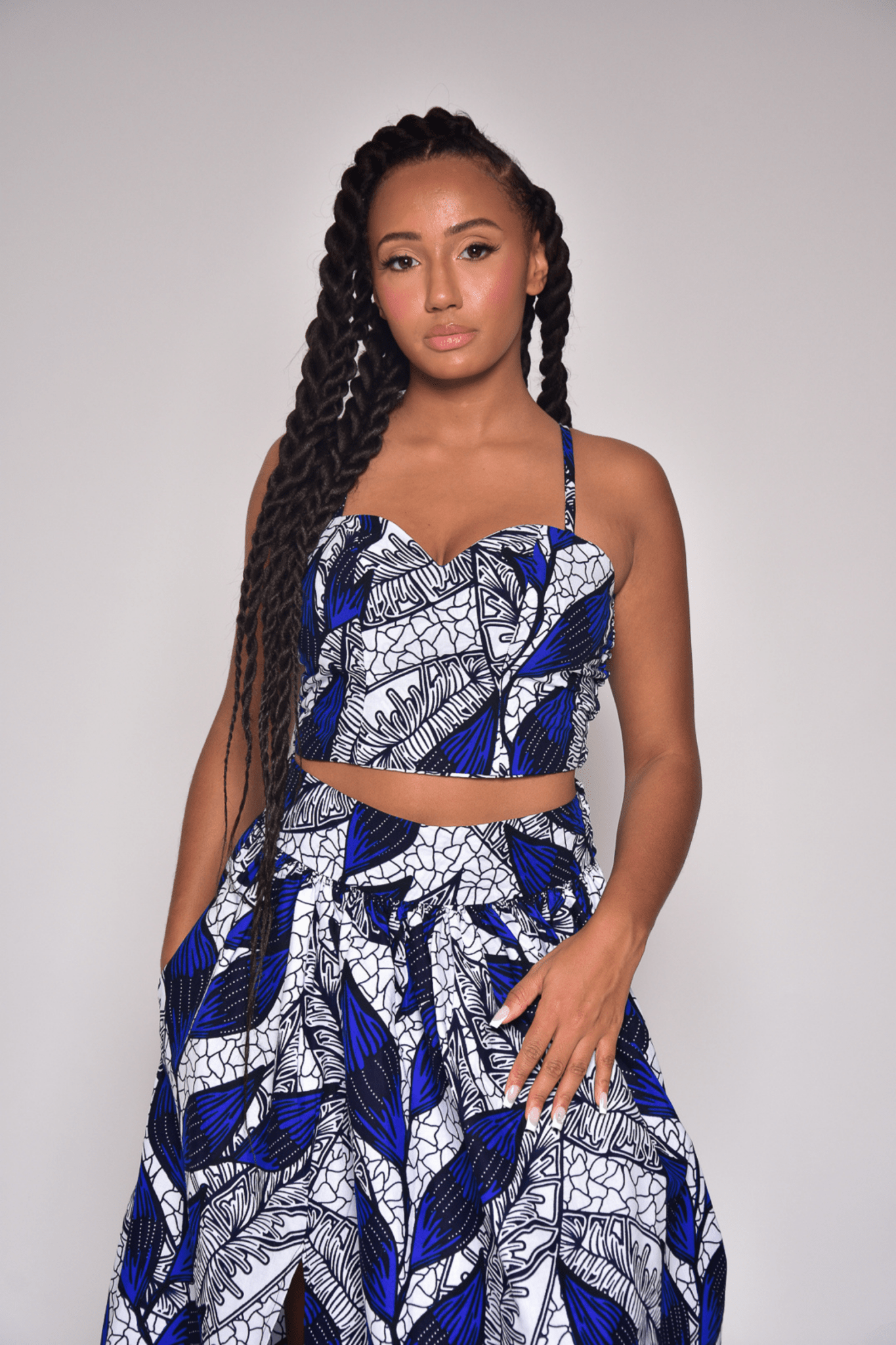 Crop top d'ensemble bleu à imprimé africain - NORA - makomie