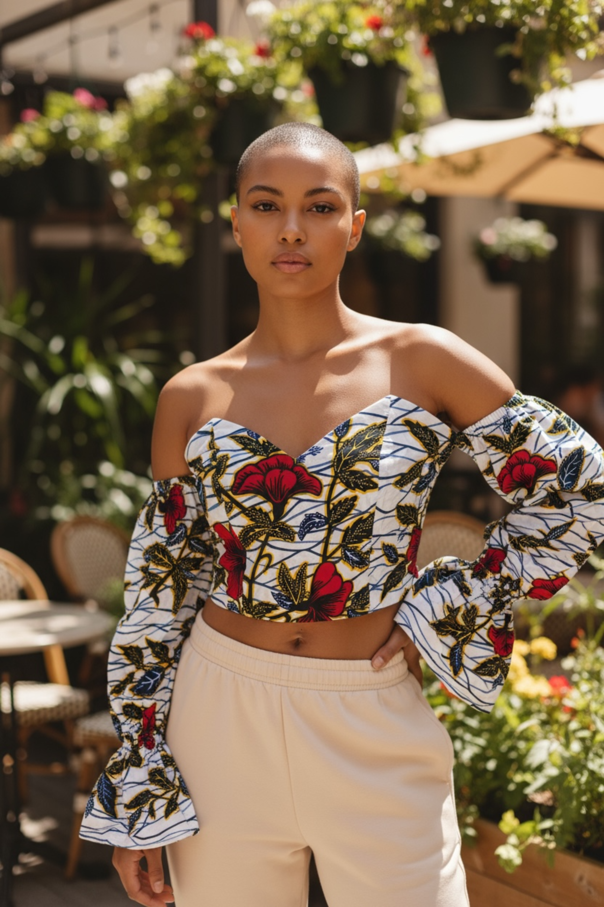 Crop top BINTA en wax à manches bouffantes – imprimé fleuri
