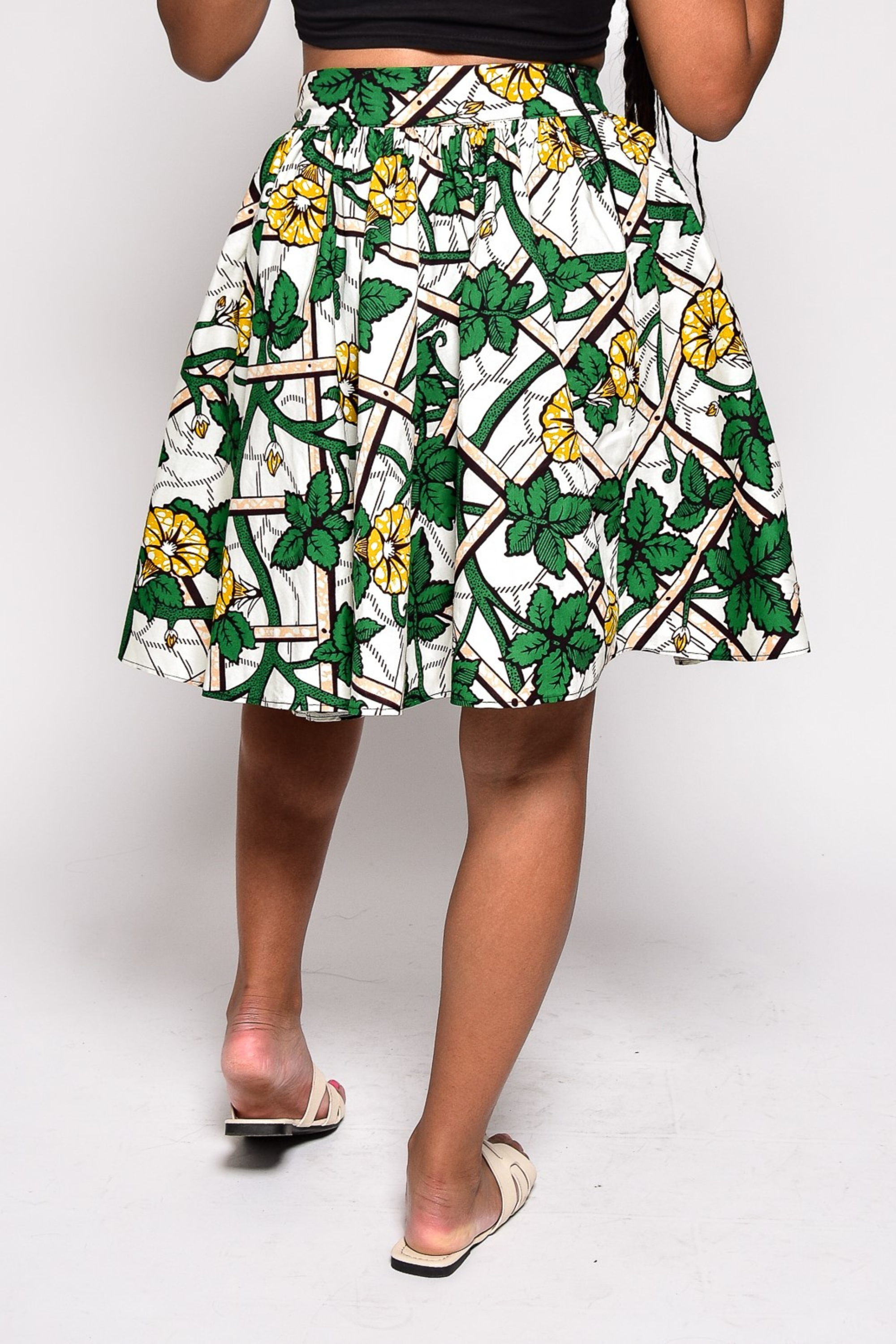jupe LINA taille haute motif fleurs en wax - vue de dos, confection artisanale Makomie