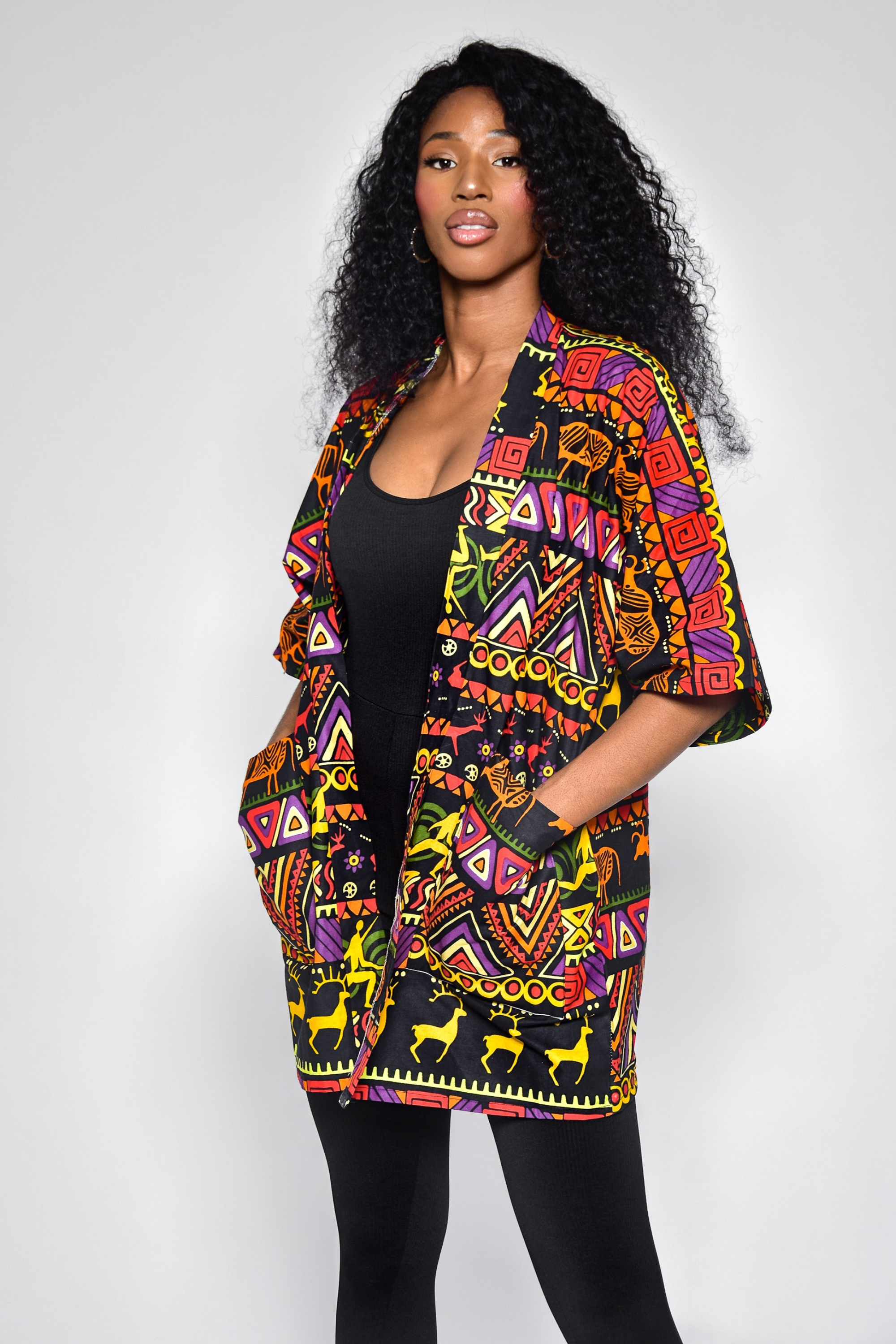 Kimono ALBA en wax imprimé africain – vue de profil, confection artisanale Makomie