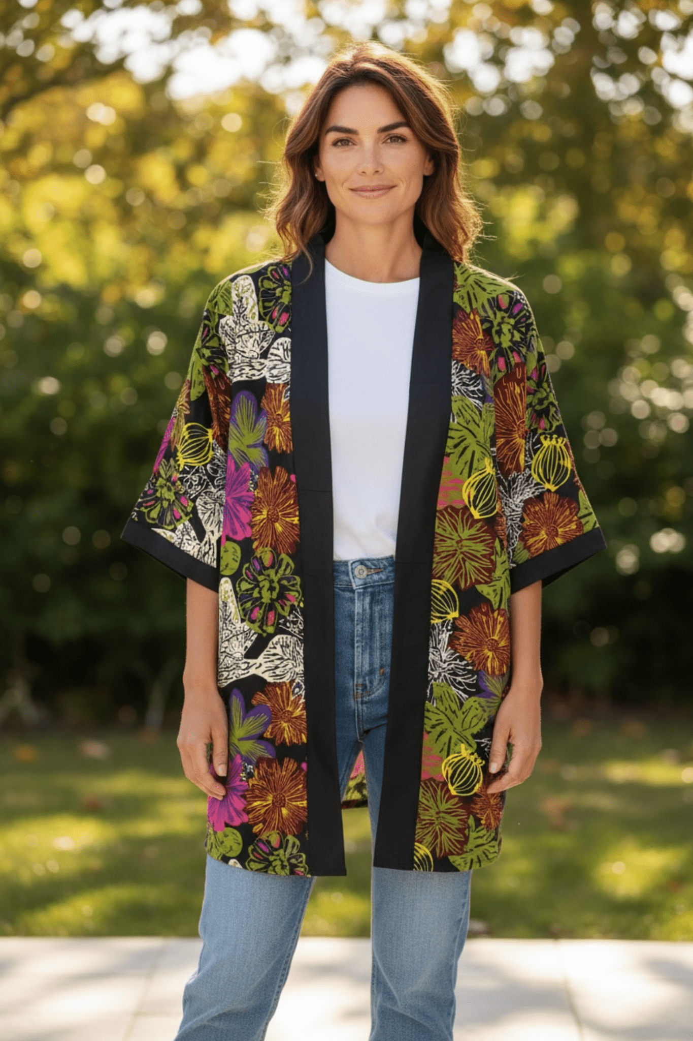 Kimono Nala – Kimono mixte mi - long fleuri en wax 100% coton - makomie