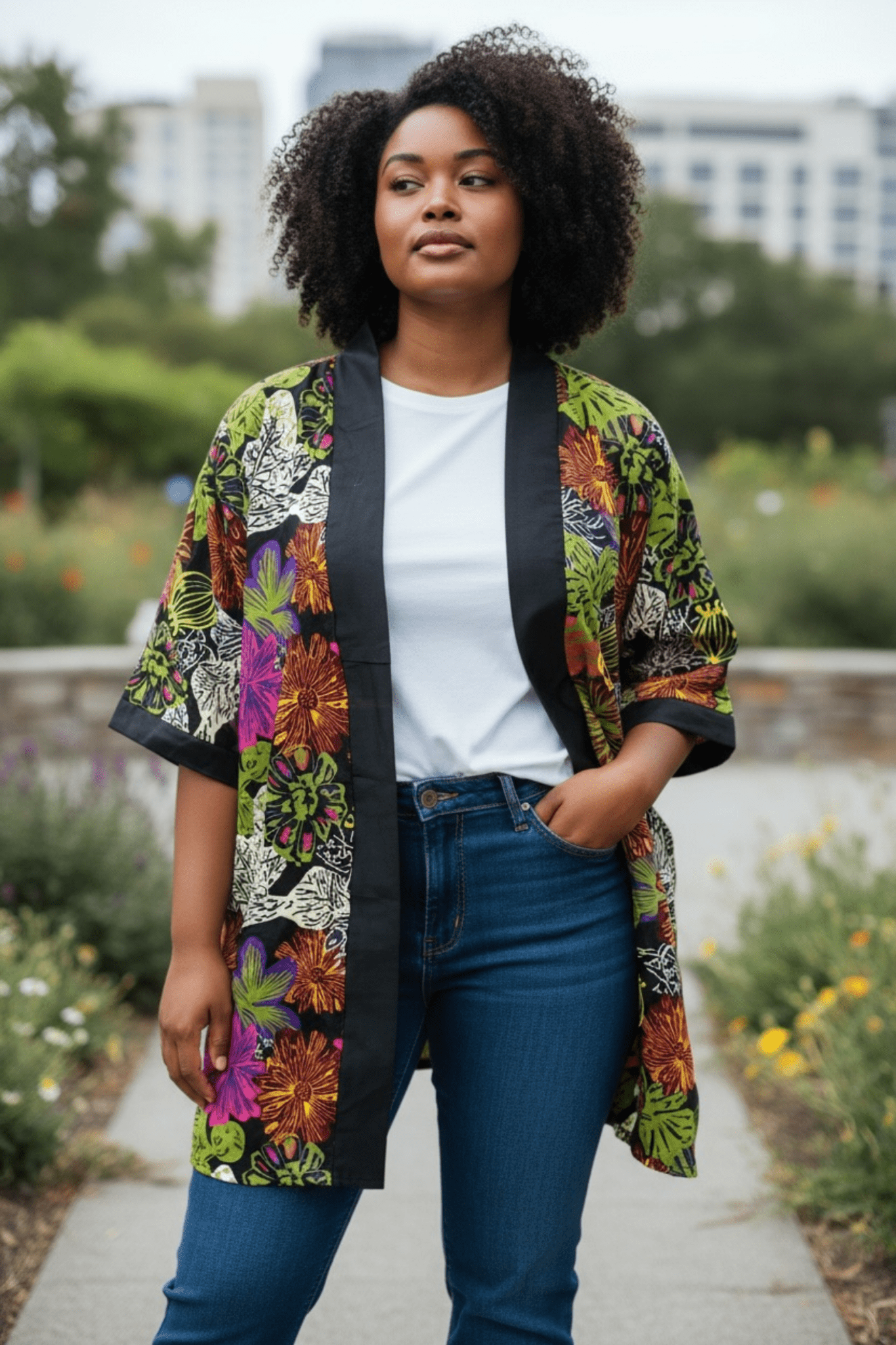 Kimono Nala – Kimono mixte mi - long fleuri en wax 100% coton - makomie