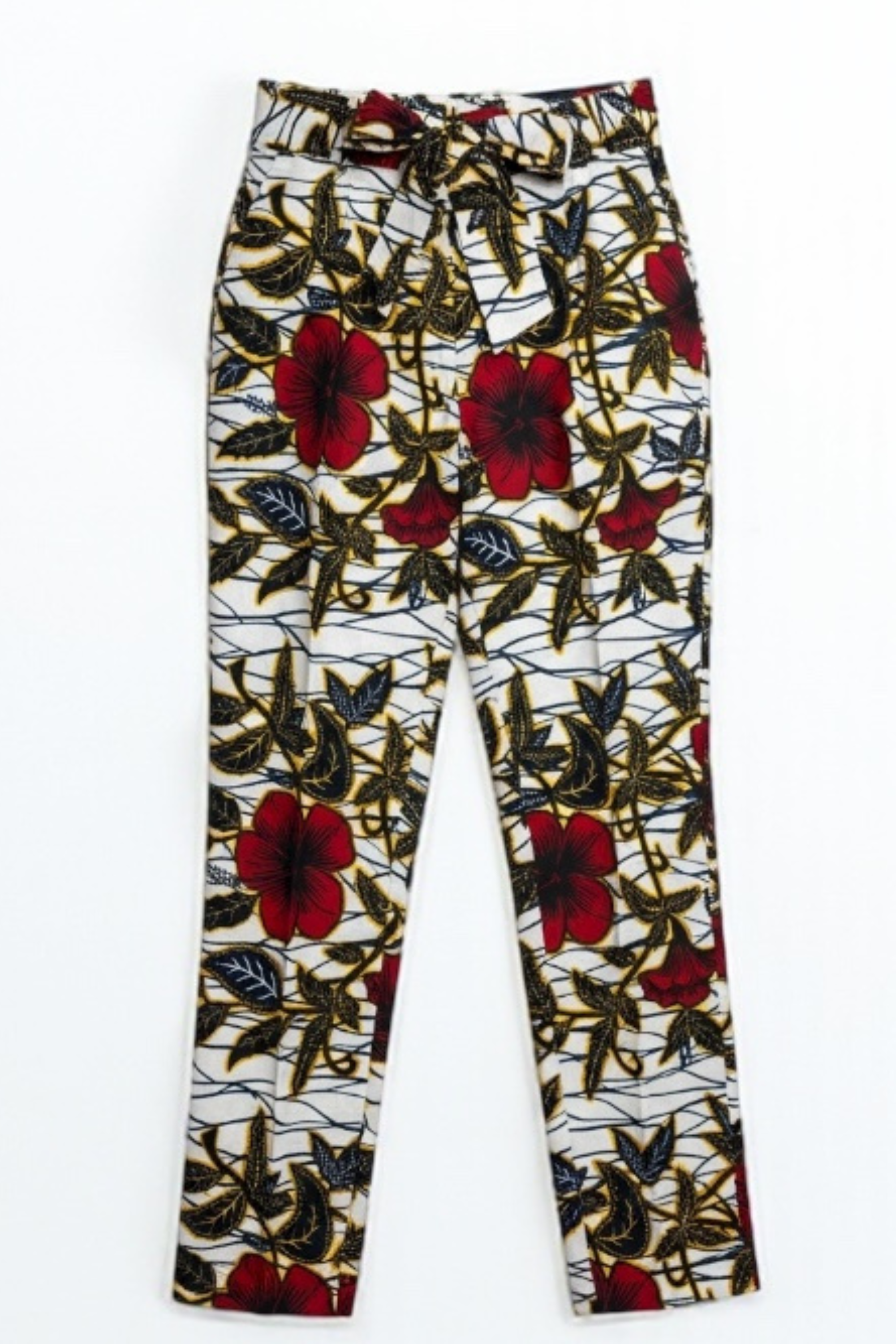 Pantalon Binta en wax africain à motifs floraux rouges et dorés sur fond blanc
