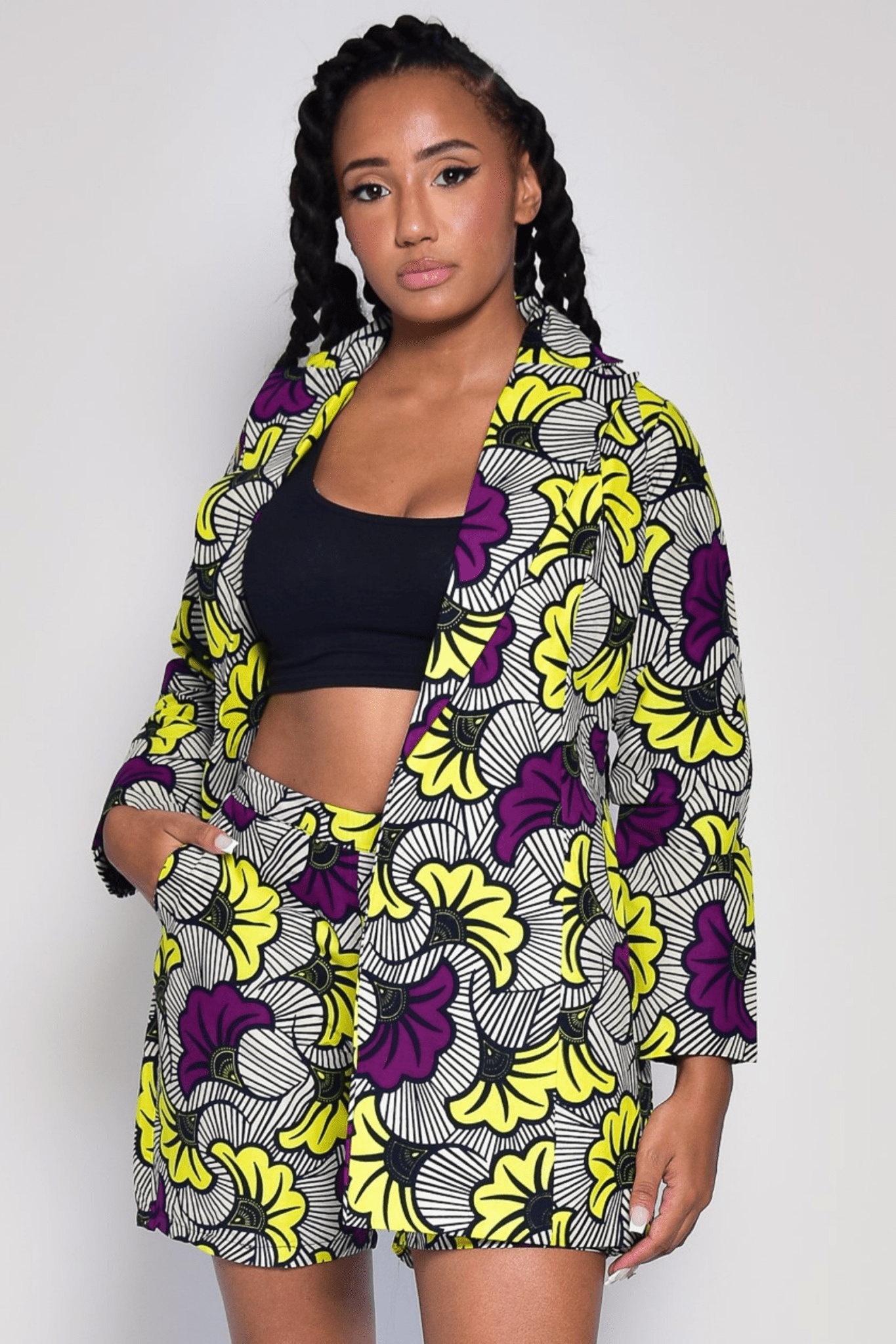INA – Veste en wax jaune à fleurs doublée, imprimé africain fait main - makomie